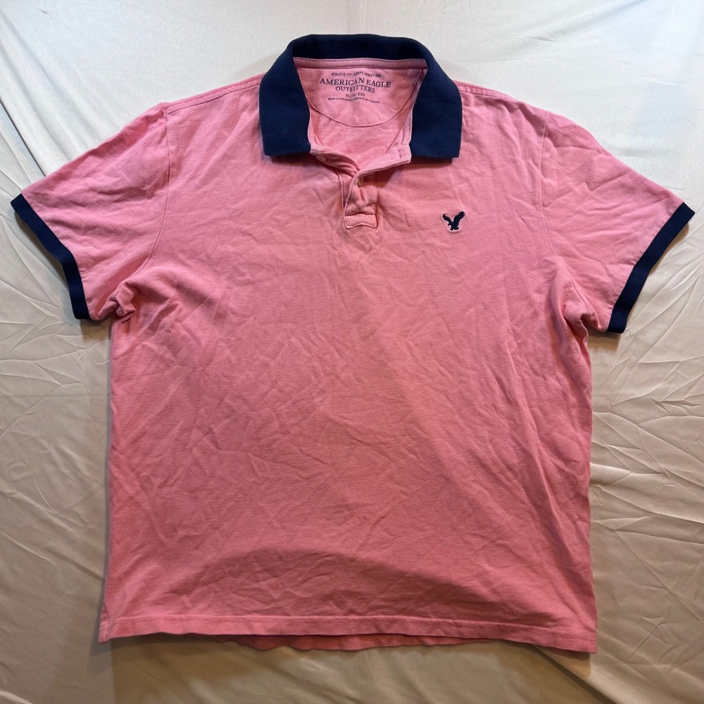 American Eagle Outfitters Mens XL Pink Navy Blue Athletic Fit Pique Polo Shirt
